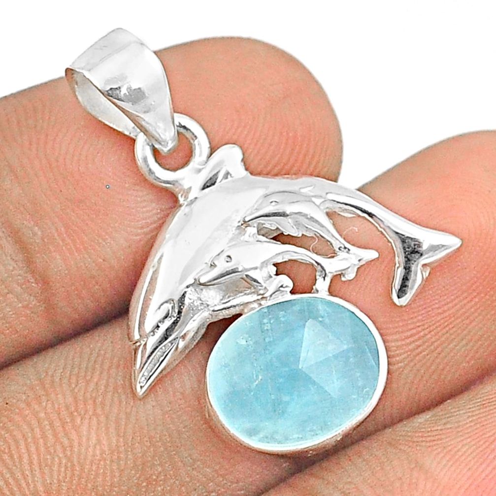 925 sterling silver 5.05cts sea life natural blue aquamarine oval dolphin pendant u25955