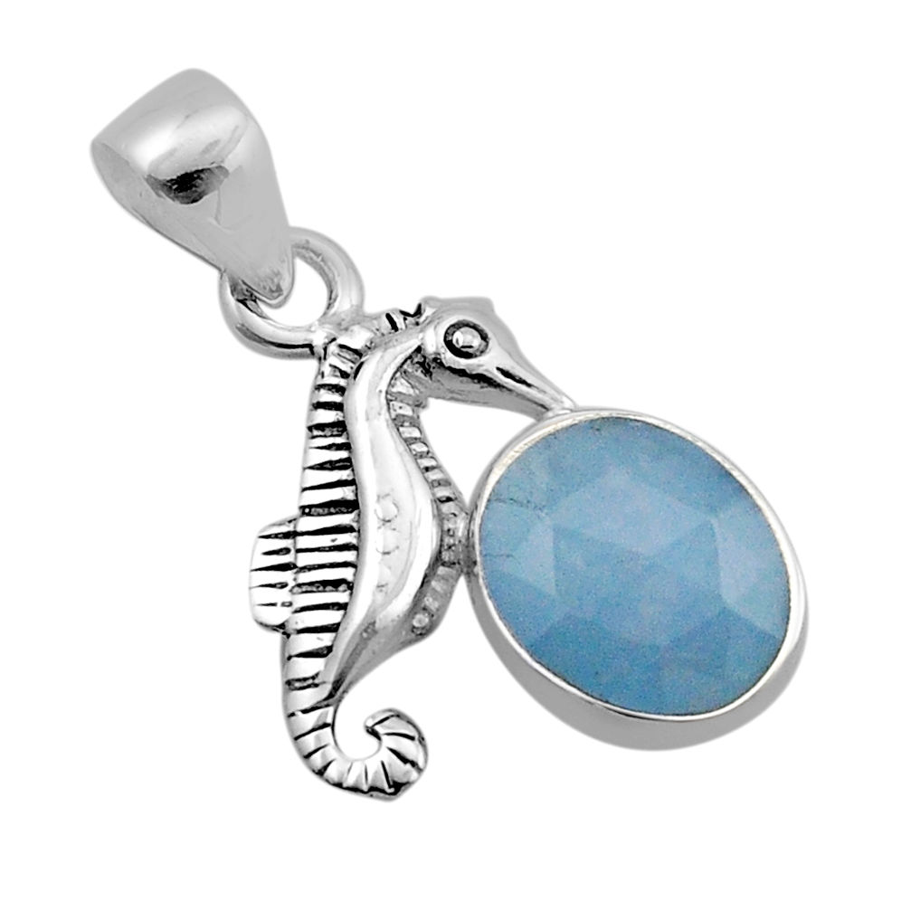 925 sterling silver 4.63cts natural blue aquamarine oval seahorse pendant y86934