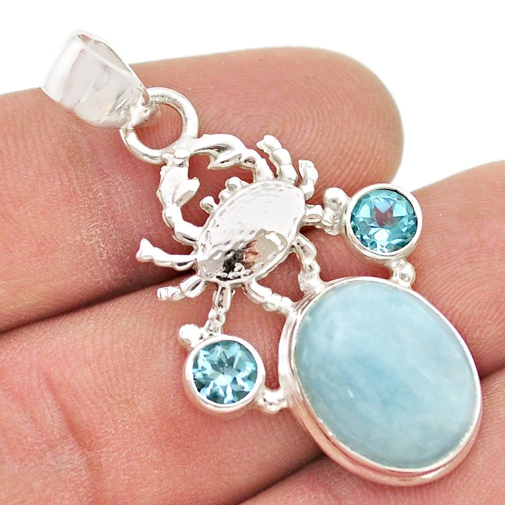 925 sterling silver 9.87cts natural blue aquamarine topaz crab pendant d48326