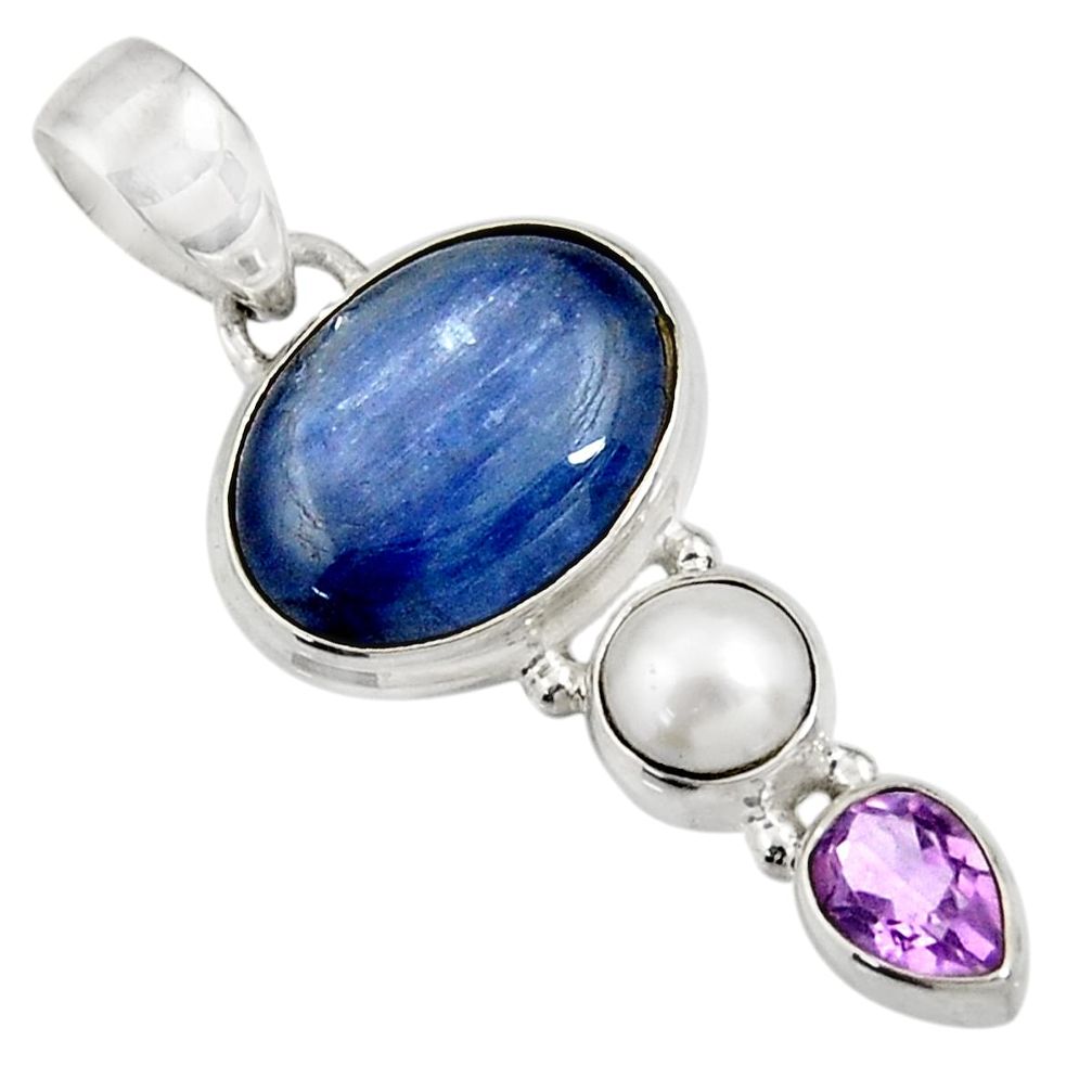 925 sterling silver 13.55cts natural blue kyanite amethyst pearl pendant d42696