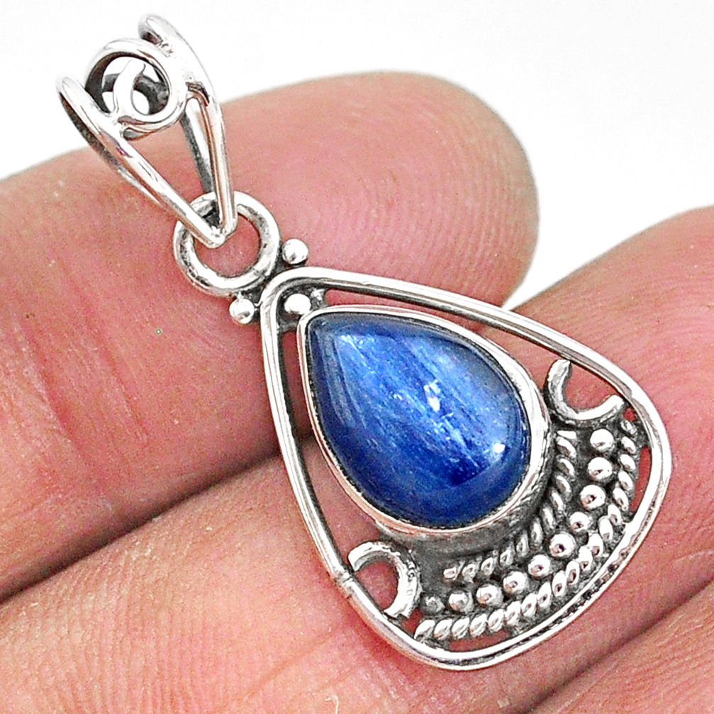 925 sterling silver 4.24cts natural blue kyanite pear handmade pendant t2310