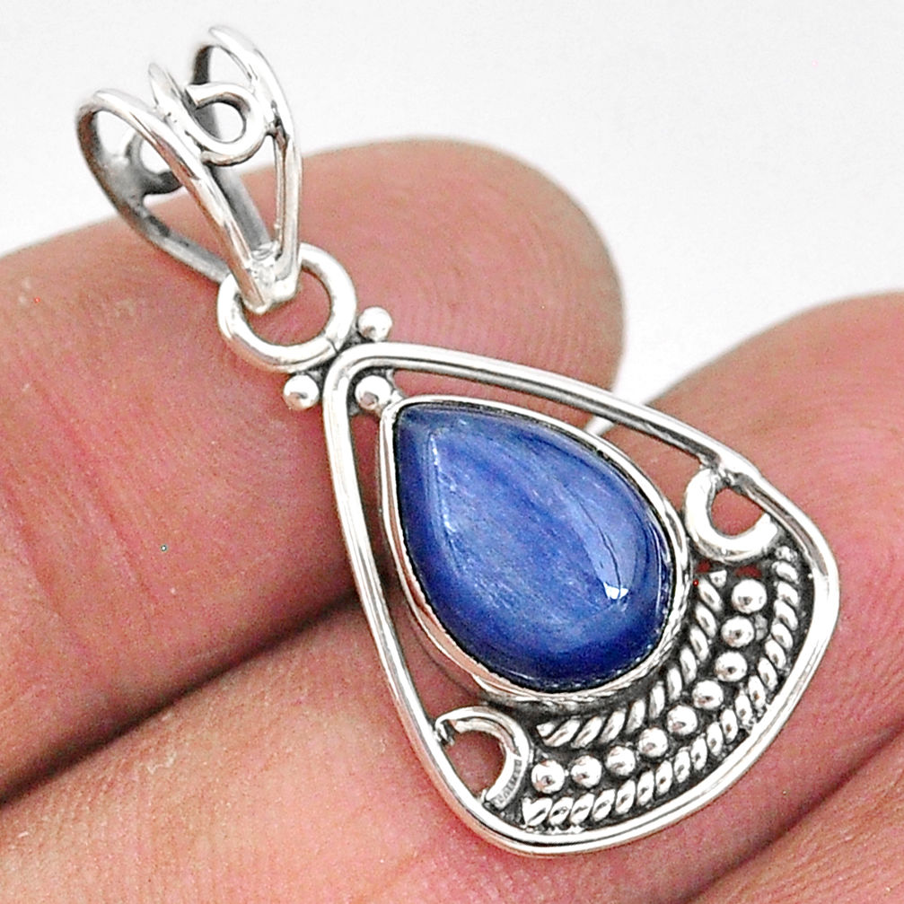 925 sterling silver 3.93cts natural blue kyanite pear handmade pendant t2353