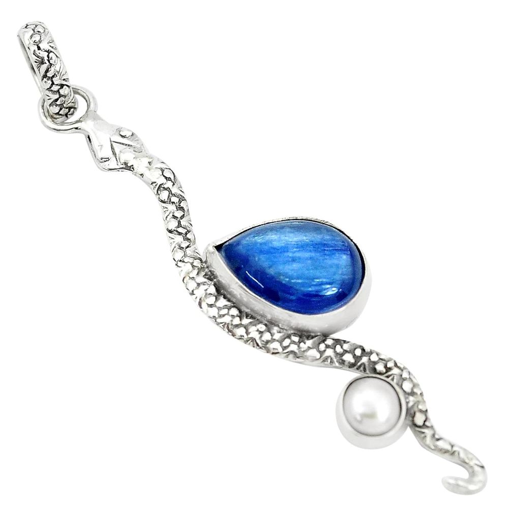 925 sterling silver 5.82cts natural blue kyanite pearl snake pendant p30049