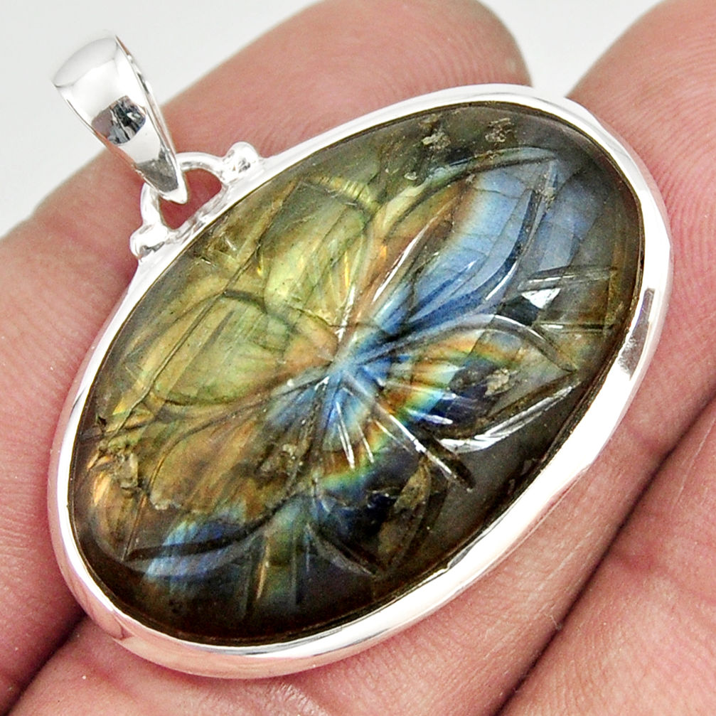 925 sterling silver 32.65cts natural blue labradorite carving pendant r26416