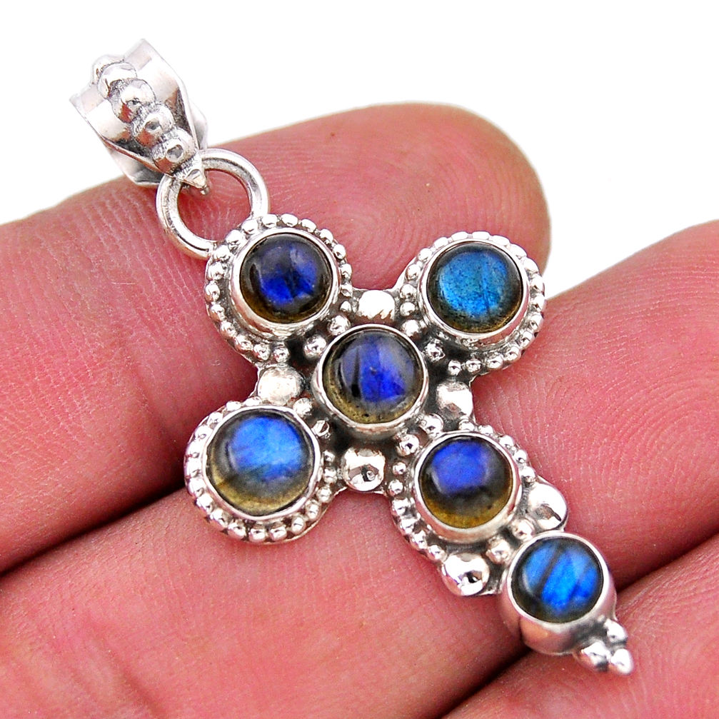 925 sterling silver 4.57cts natural blue labradorite holy cross pendant n54080