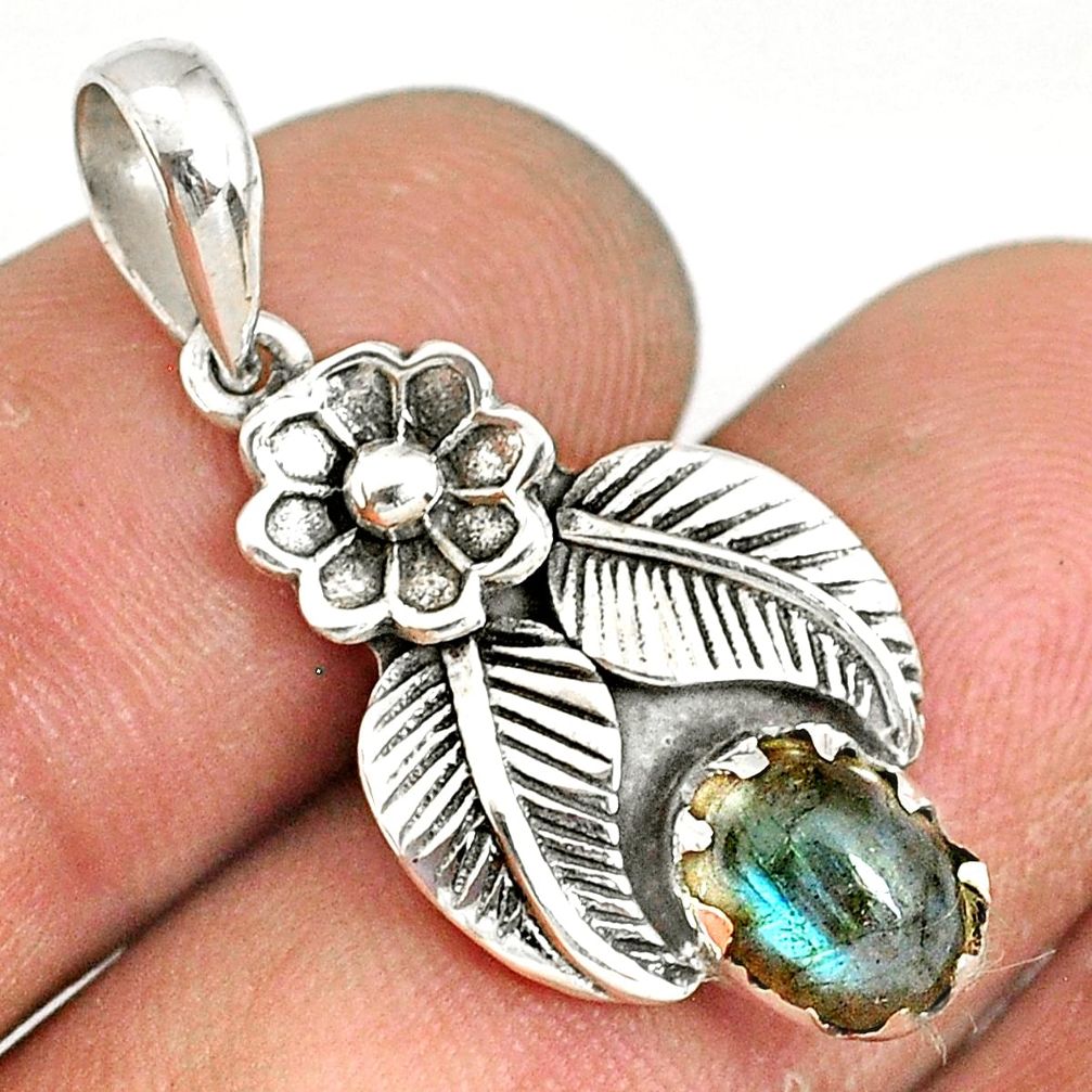925 sterling silver 1.96cts natural blue labradorite oval flower pendant r77758