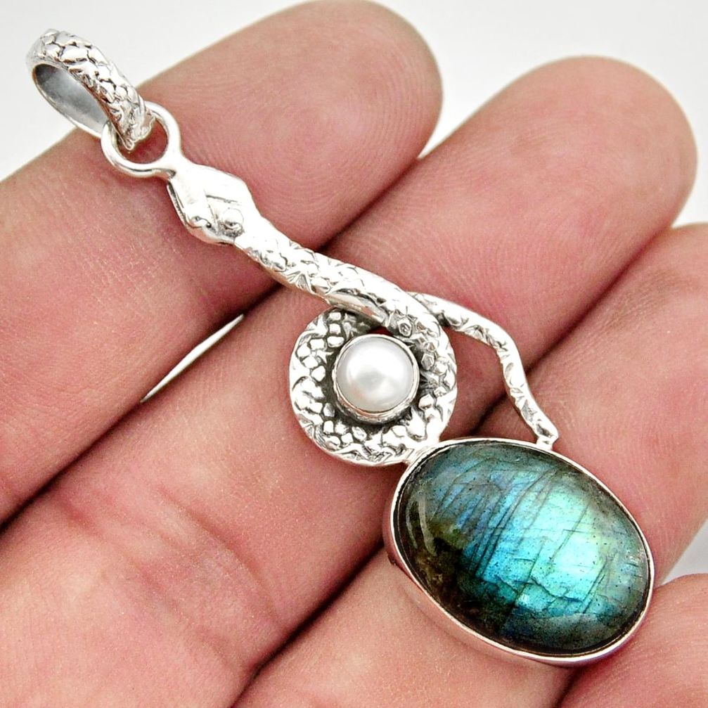 925 sterling silver 13.98cts natural blue labradorite pearl snake pendant d47289