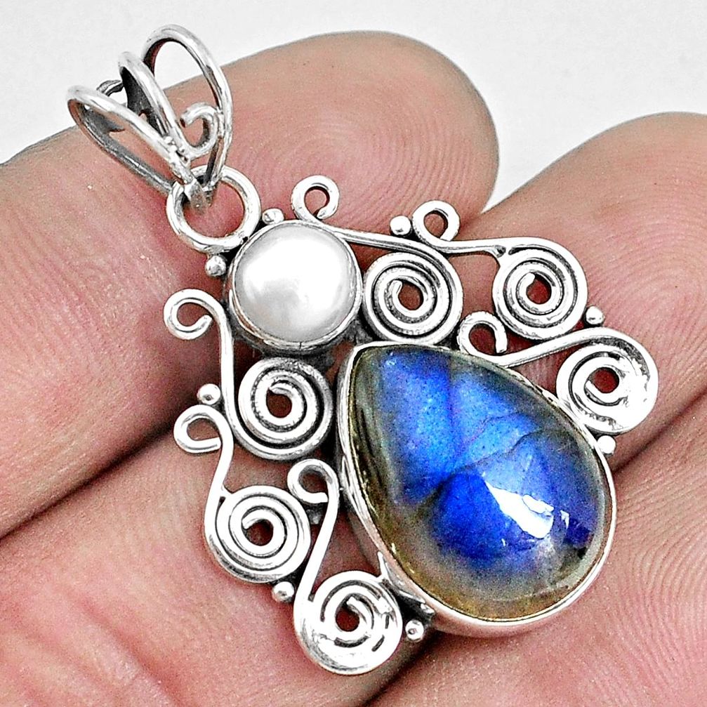 925 sterling silver 11.19cts natural blue labradorite white pearl pendant p33854