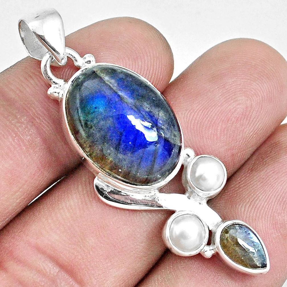 925 sterling silver 13.71cts natural blue labradorite white pearl pendant p33864