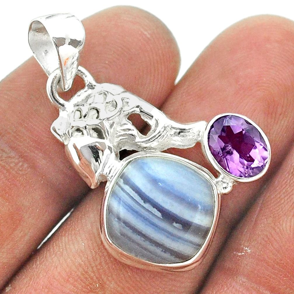 925 sterling silver 9.10cts natural blue lace agate amethyst fish pendant t55431