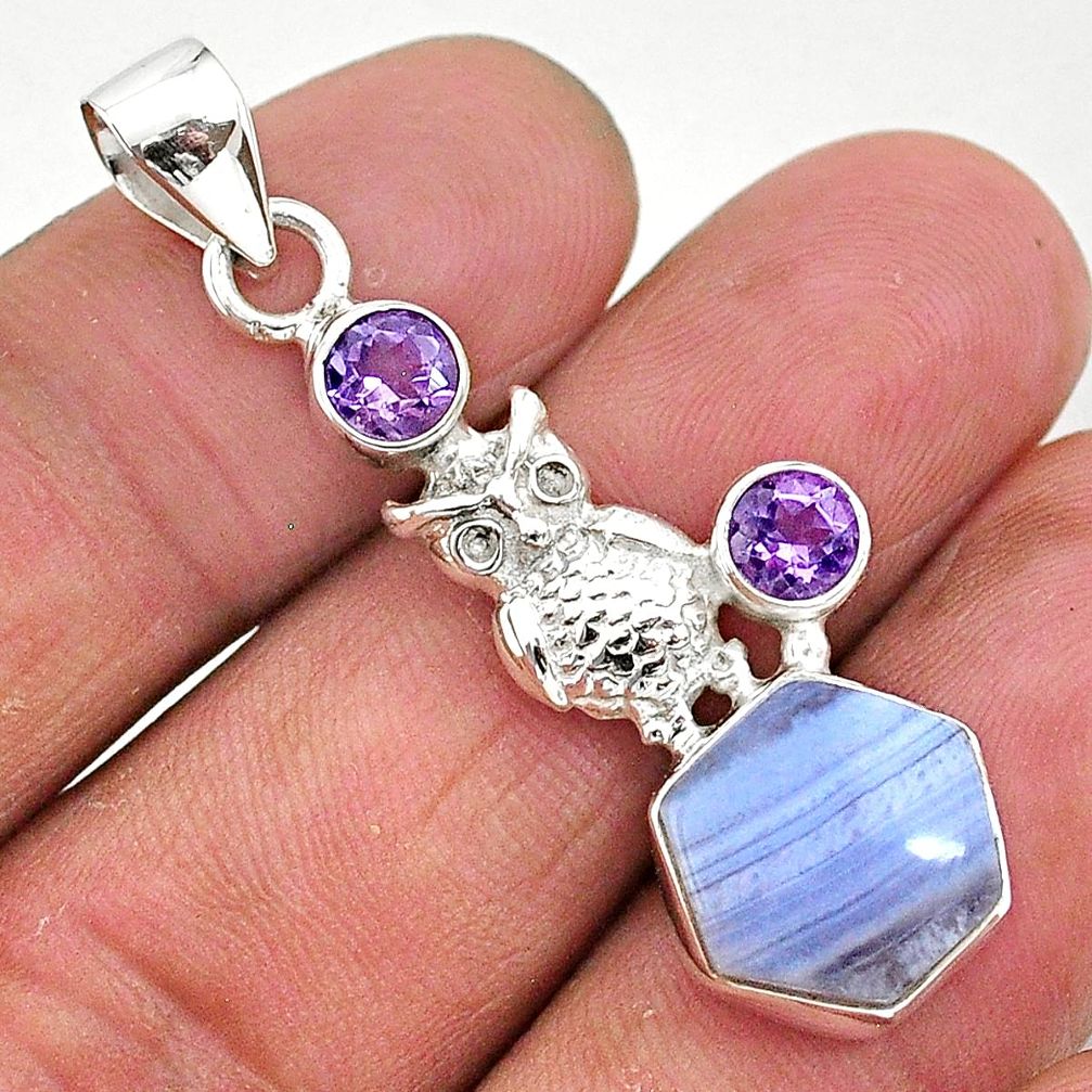 925 sterling silver 6.33cts natural blue lace agate amethyst pendant r96899