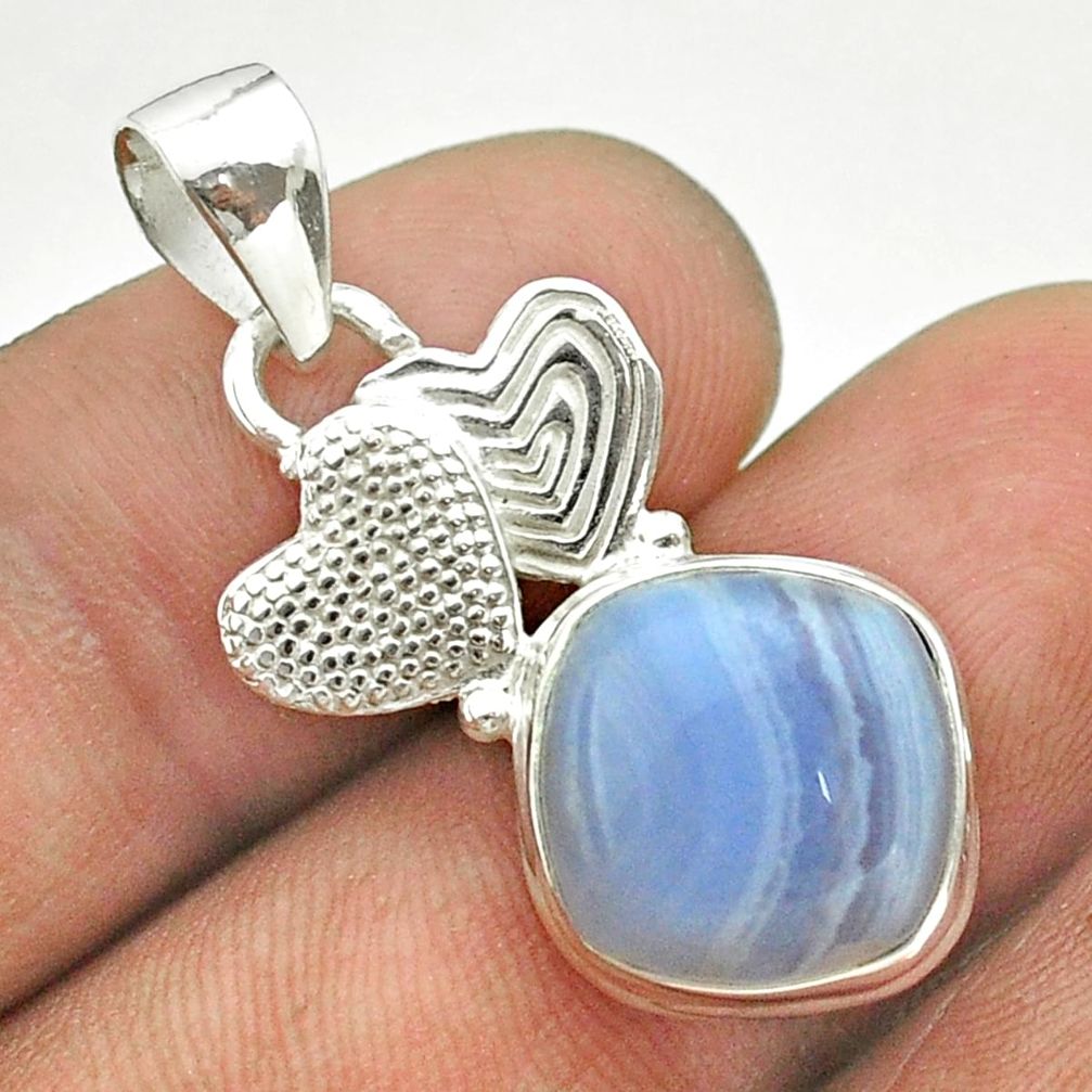 925 sterling silver 6.85cts natural blue lace agate couple hearts pendant t55332