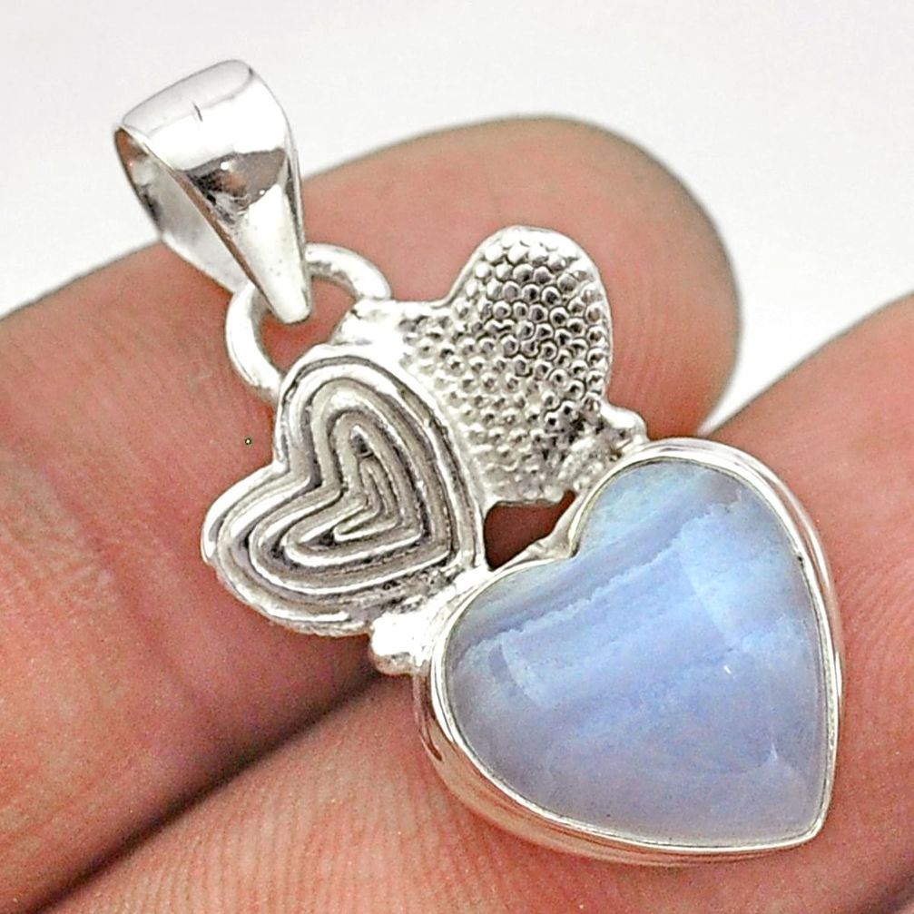 925 sterling silver 6.27cts natural blue lace agate couple hearts pendant t55344