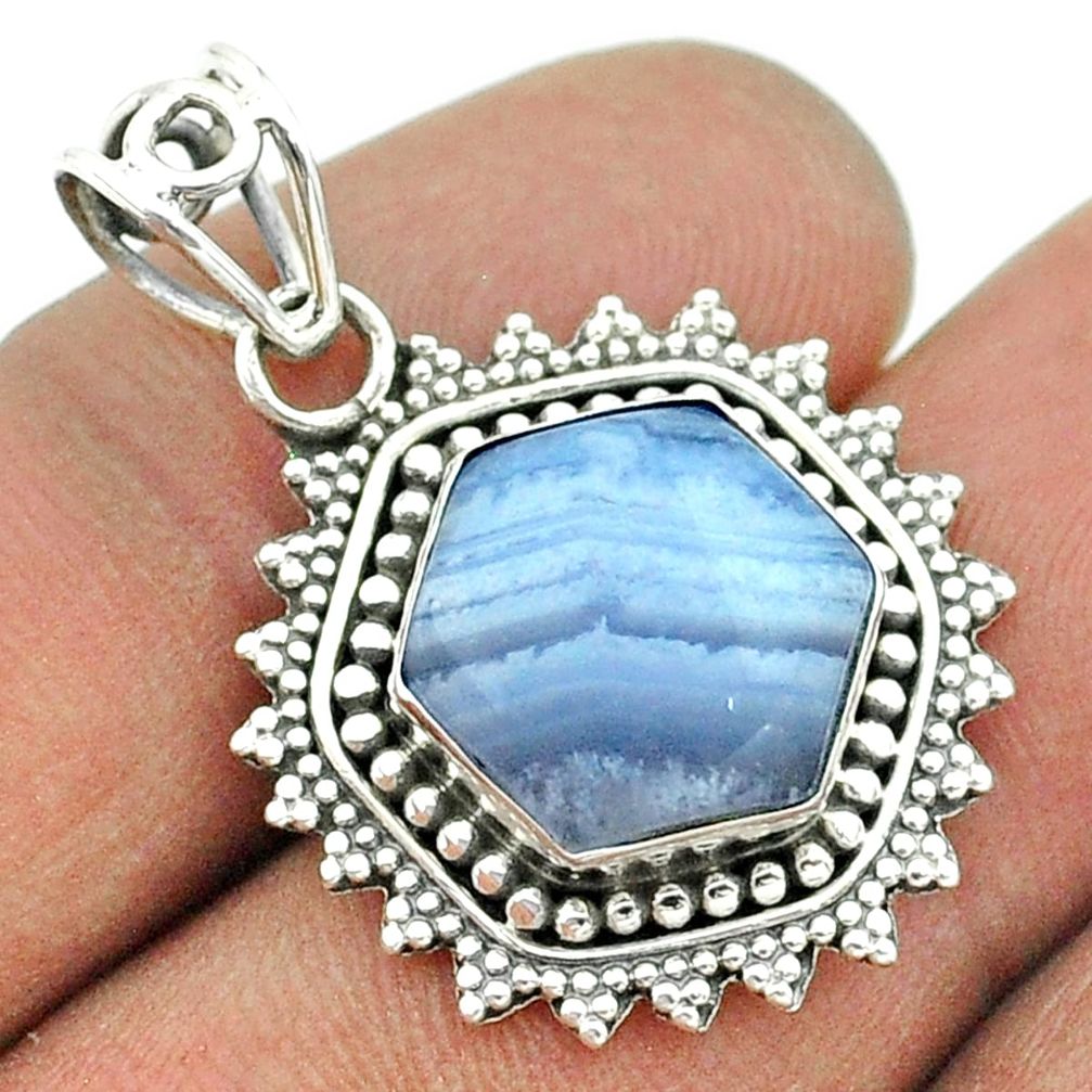 925 sterling silver 6.02cts natural blue lace agate hexagon pendant t55984