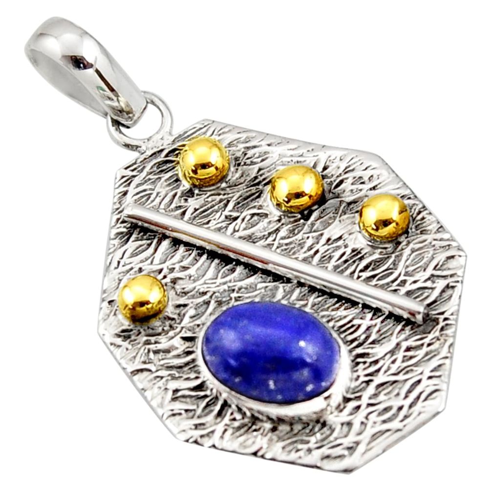 925 sterling silver 3.06cts natural blue lapis lazuli 14k gold pendant r37172