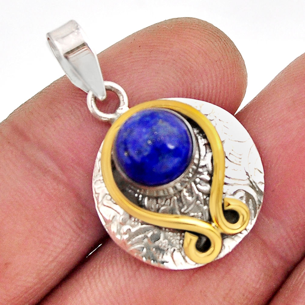 925 sterling silver 3.01cts natural blue lapis lazuli round gold pendant y76096