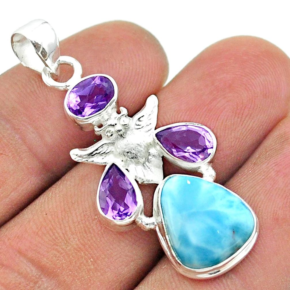 925 sterling silver 11.02cts natural blue larimar amethyst owl pendant t56600