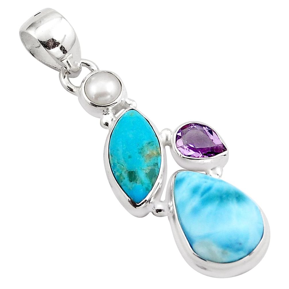 925 sterling silver 15.65cts natural blue larimar amethyst pearl pendant p88966