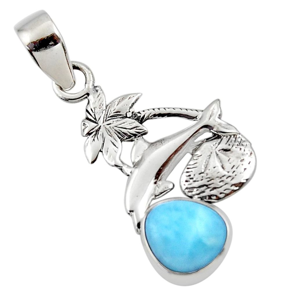 925 sterling silver 4.02cts natural blue larimar dolphin pendant jewelry r48328