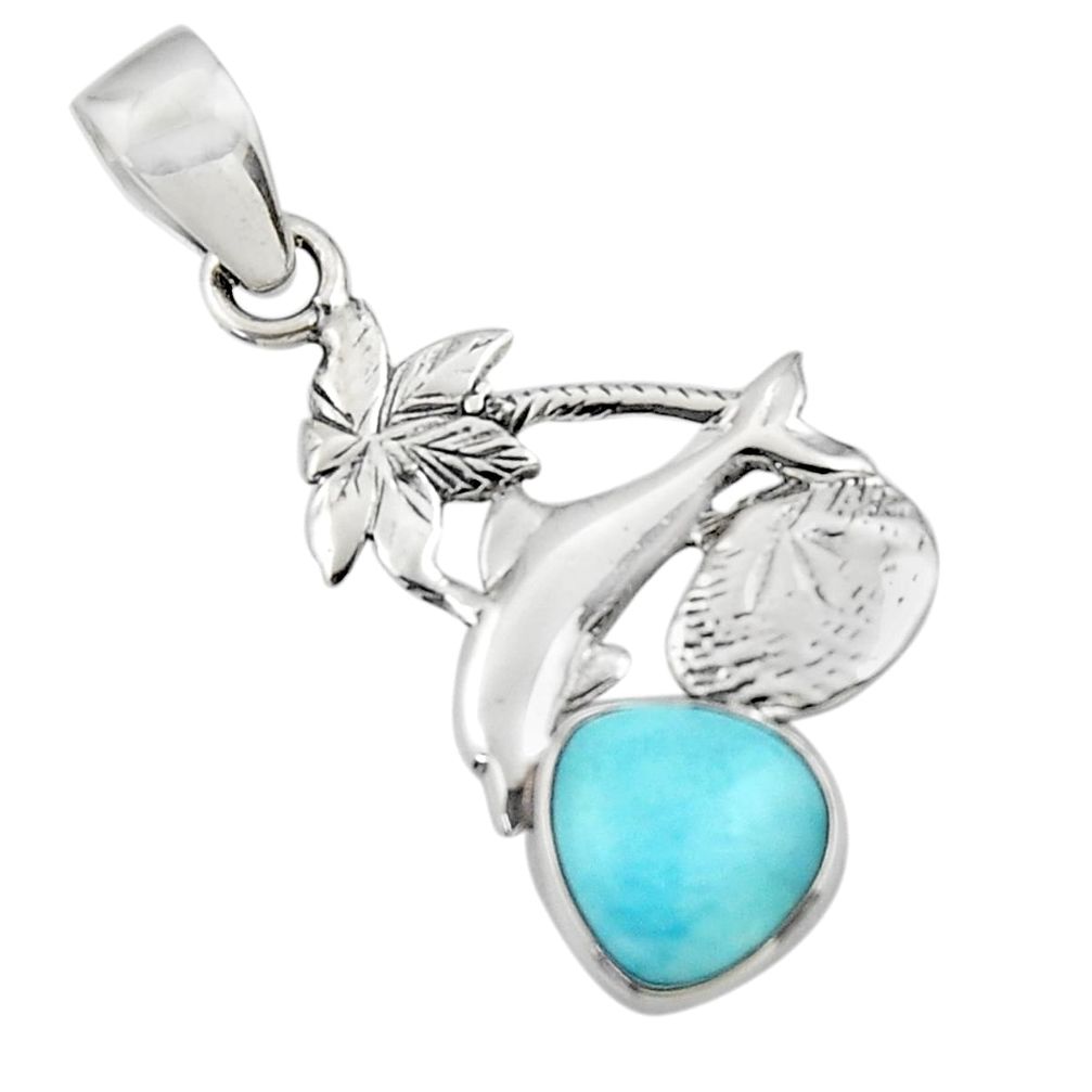 925 sterling silver 4.06cts natural blue larimar dolphin pendant jewelry r48360