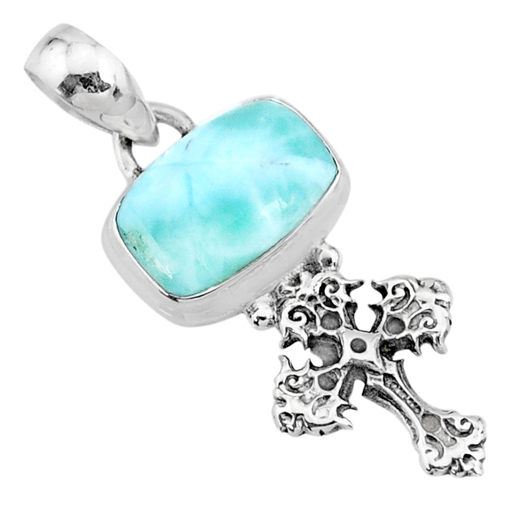 925 sterling silver 4.18cts natural blue larimar holy cross pendant r72358