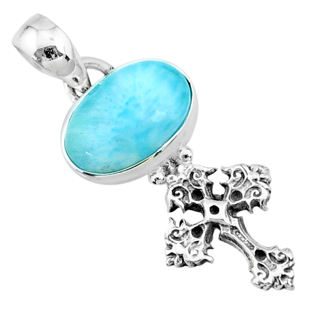 925 sterling silver 3.83cts natural blue larimar holy cross pendant r72393