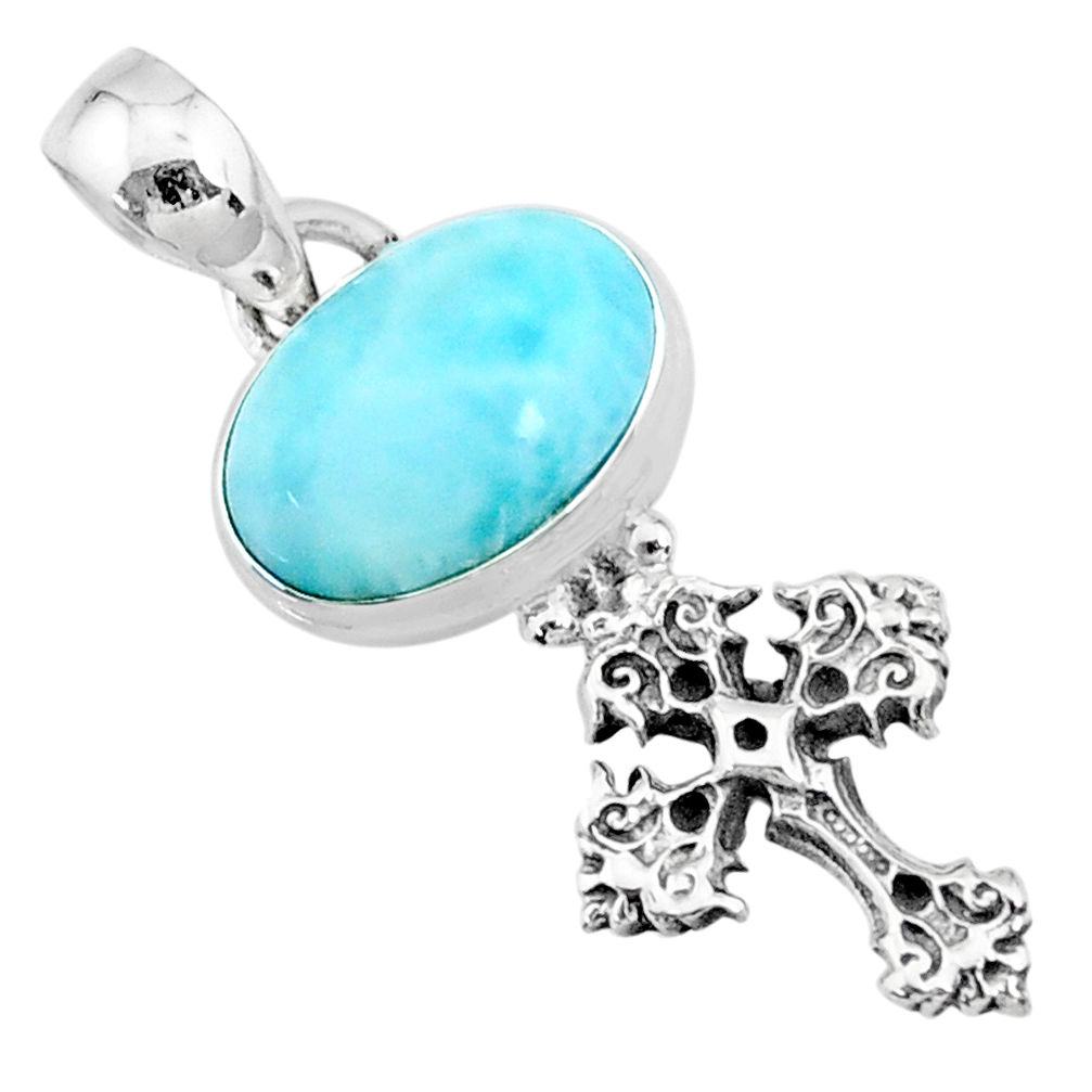 925 sterling silver 3.98cts natural blue larimar oval holy cross pendant r72391