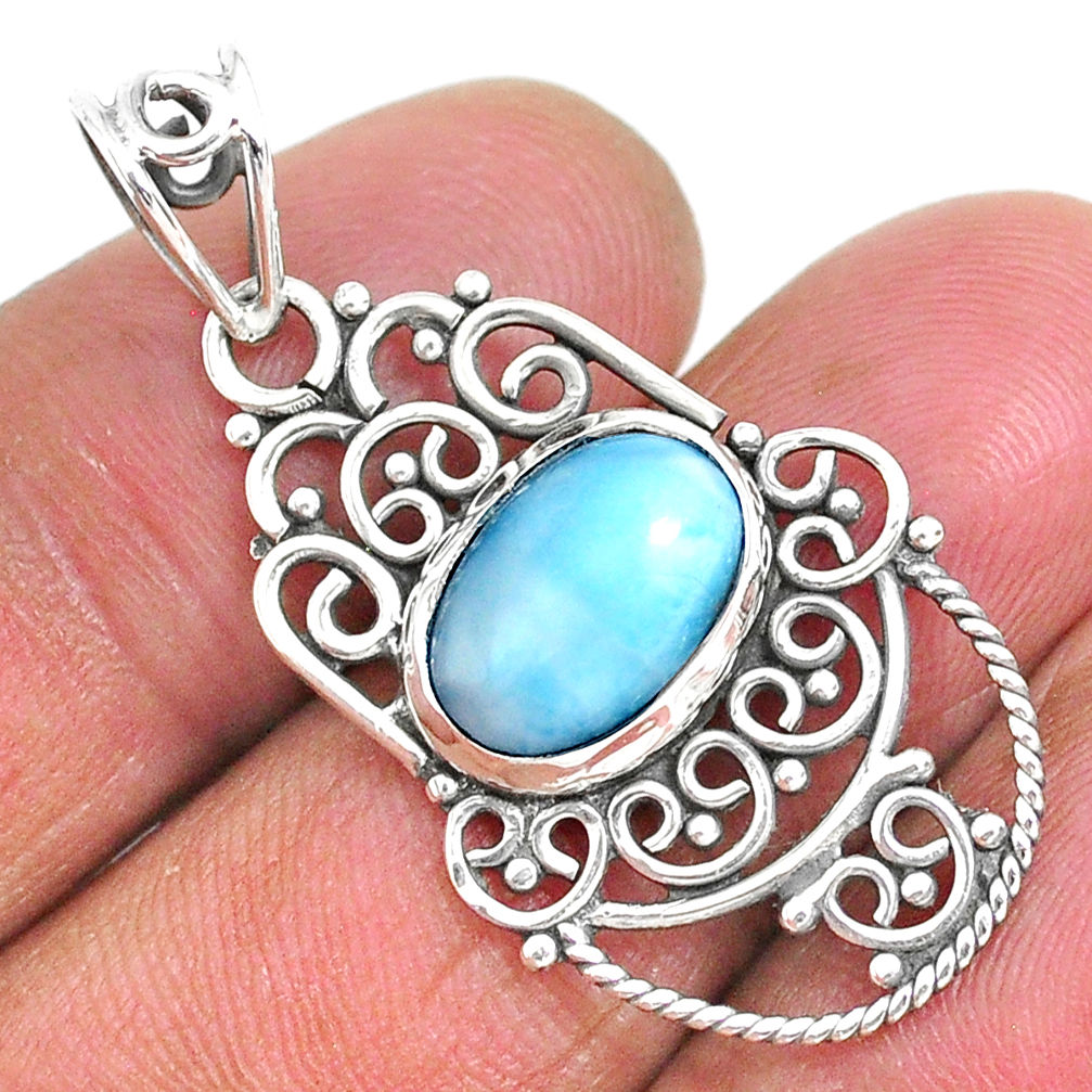 925 sterling silver 4.64cts natural blue larimar oval pendant jewelry r93907