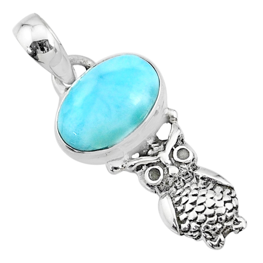 925 sterling silver 4.18cts natural blue larimar owl pendant jewelry r72343