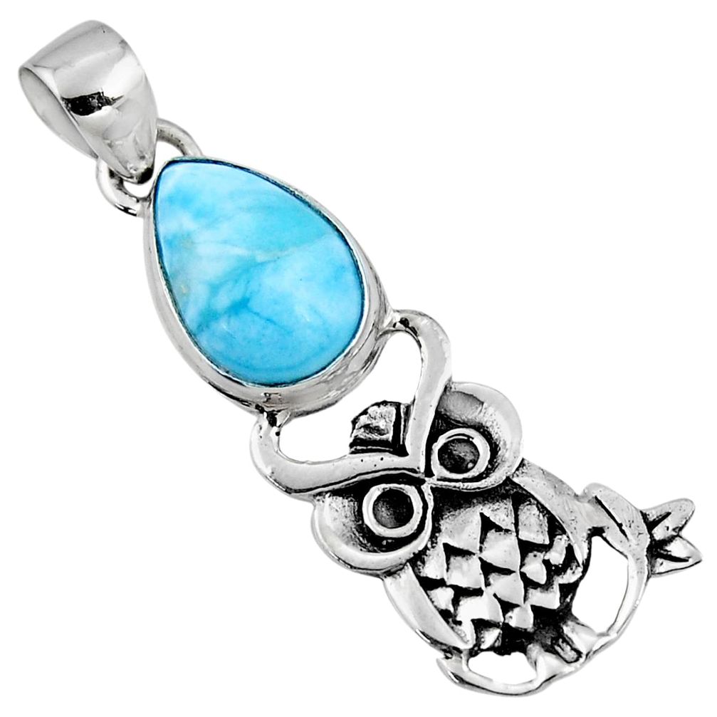 925 sterling silver 4.70cts natural blue larimar pear owl pendant r52911
