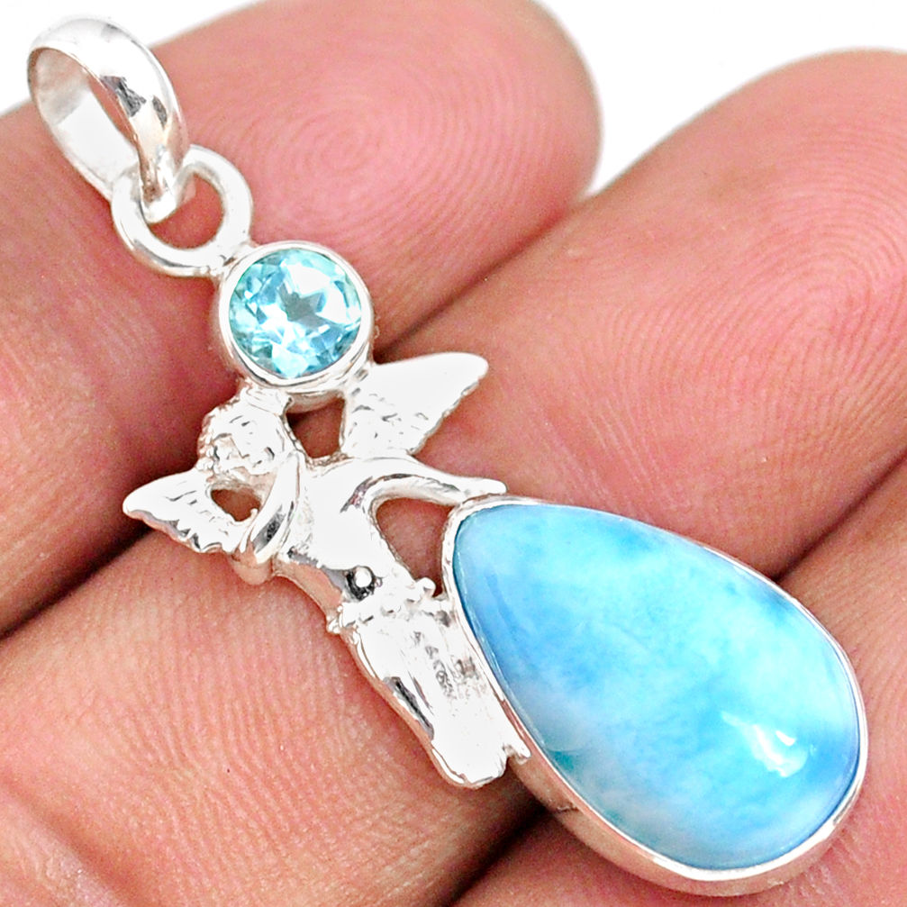 925 sterling silver 8.51cts natural blue larimar pear topaz angel pendant r67984