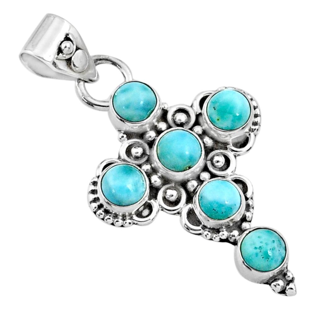 925 sterling silver 5.87cts natural blue larimar round holy cross pendant r65029