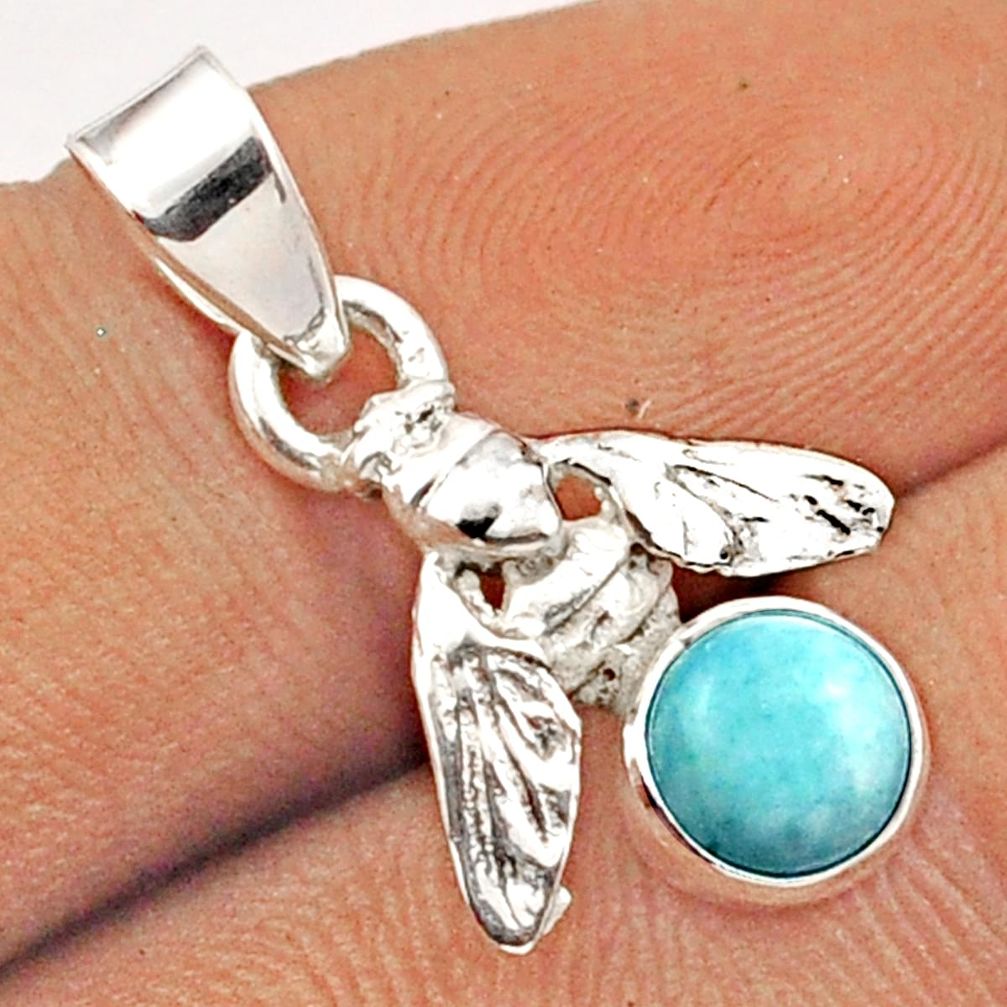 925 sterling silver 1.24cts natural blue larimar round honey bee pendant u13708