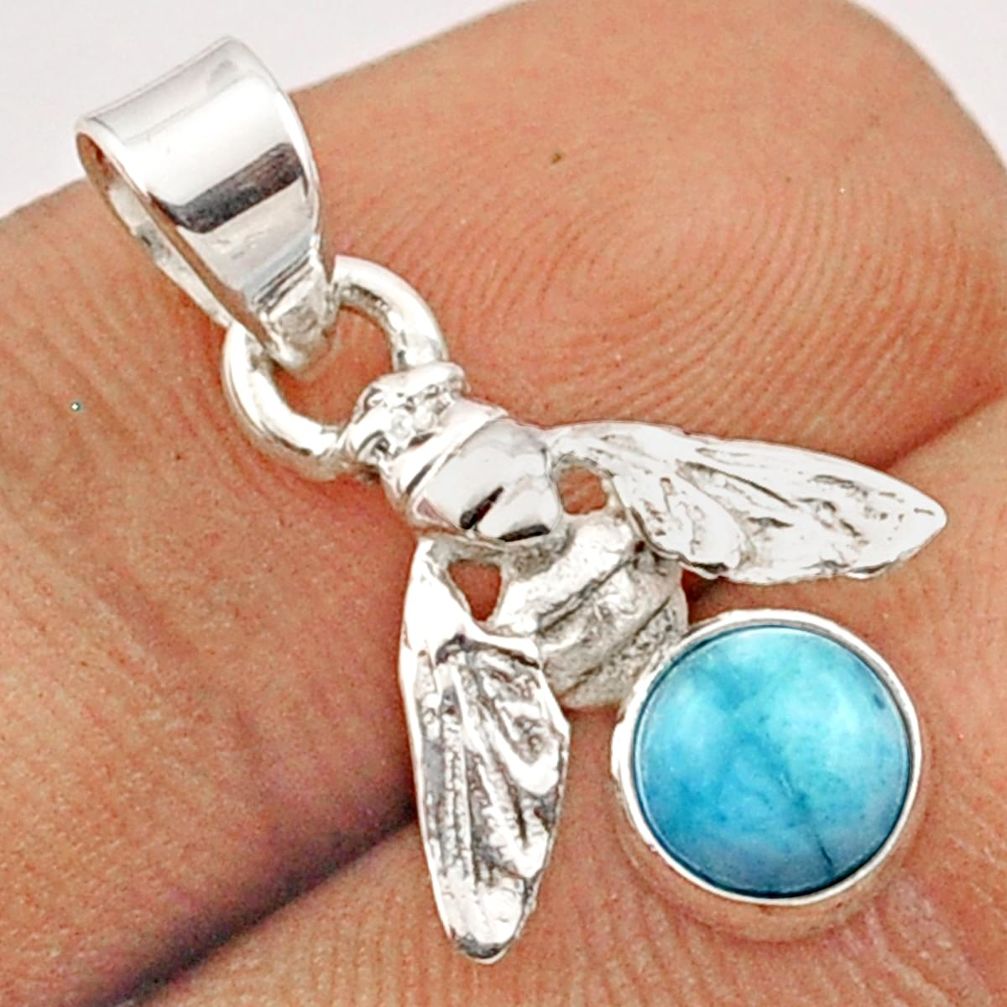 925 sterling silver 1.23cts natural blue larimar round honey bee pendant u13717