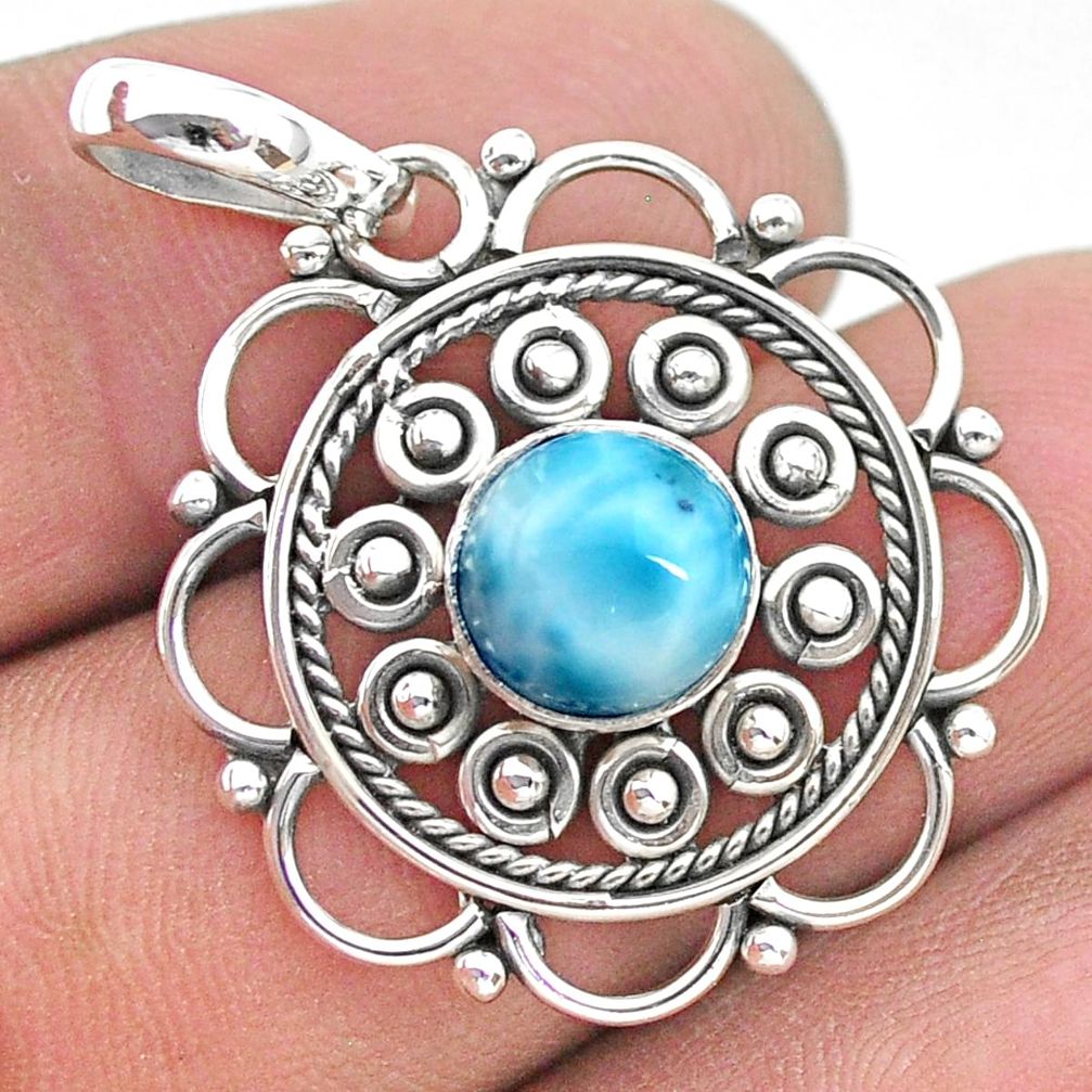 925 sterling silver 3.02cts natural blue larimar round pendant jewelry t32743