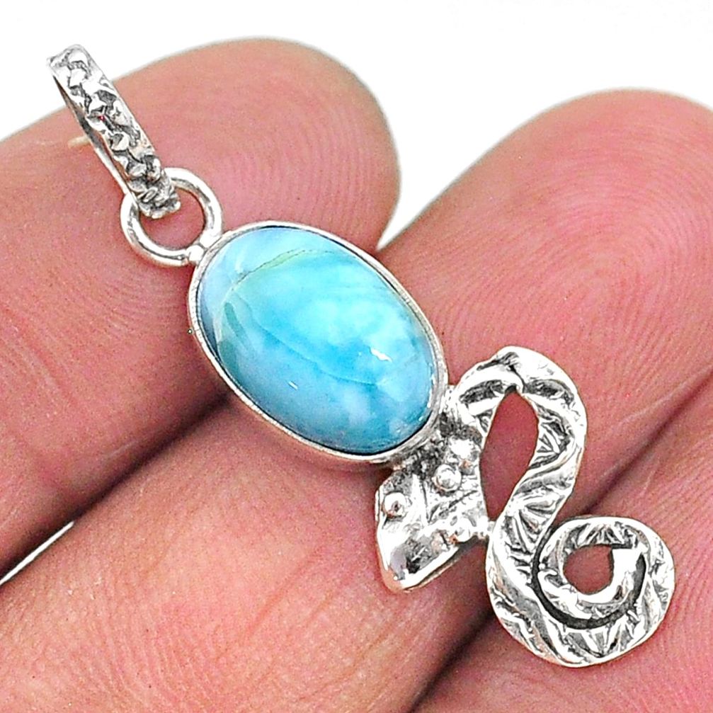 925 sterling silver 3.91cts natural blue larimar snake pendant jewelry t11088