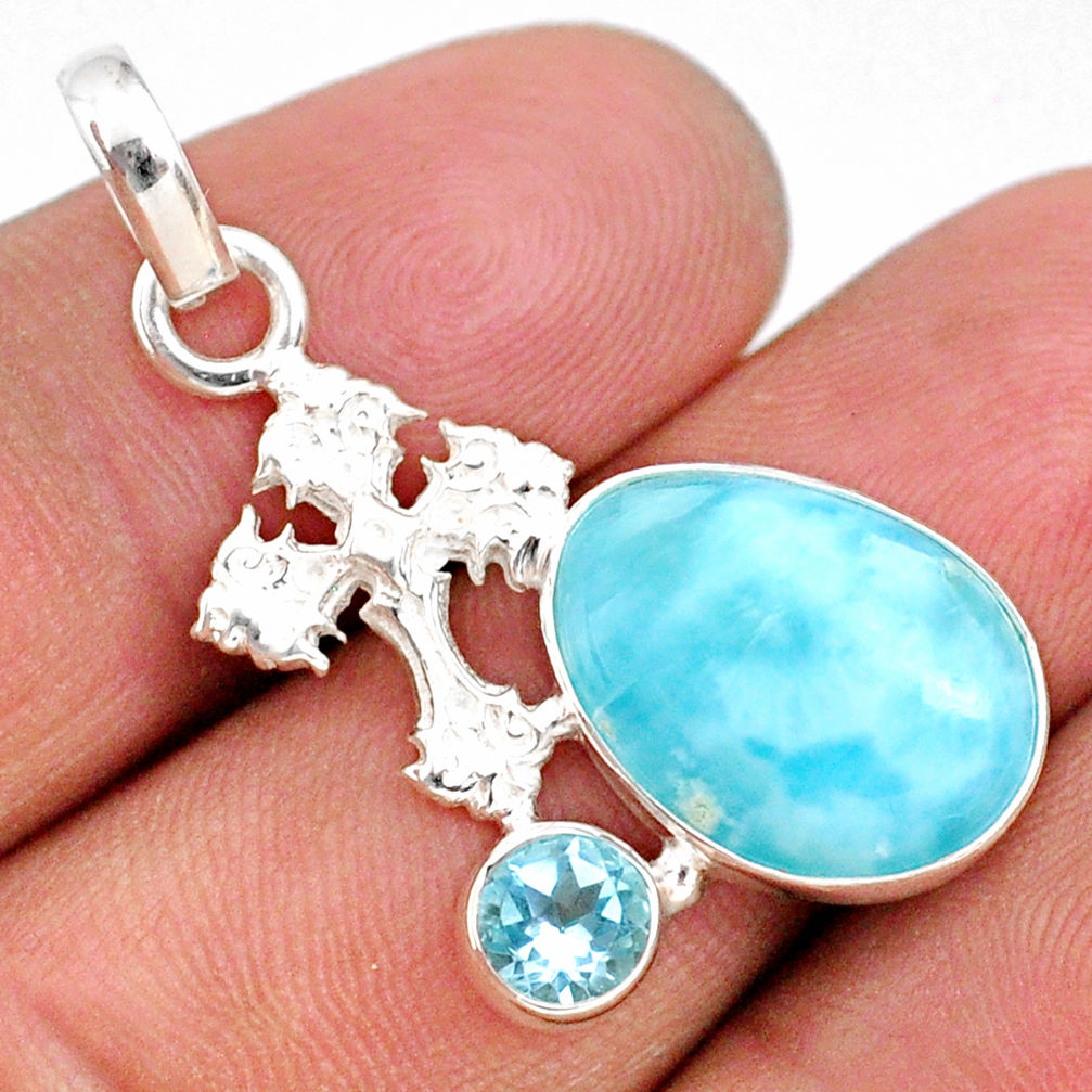 925 sterling silver 6.82cts natural blue larimar topaz holy cross pendant r68012
