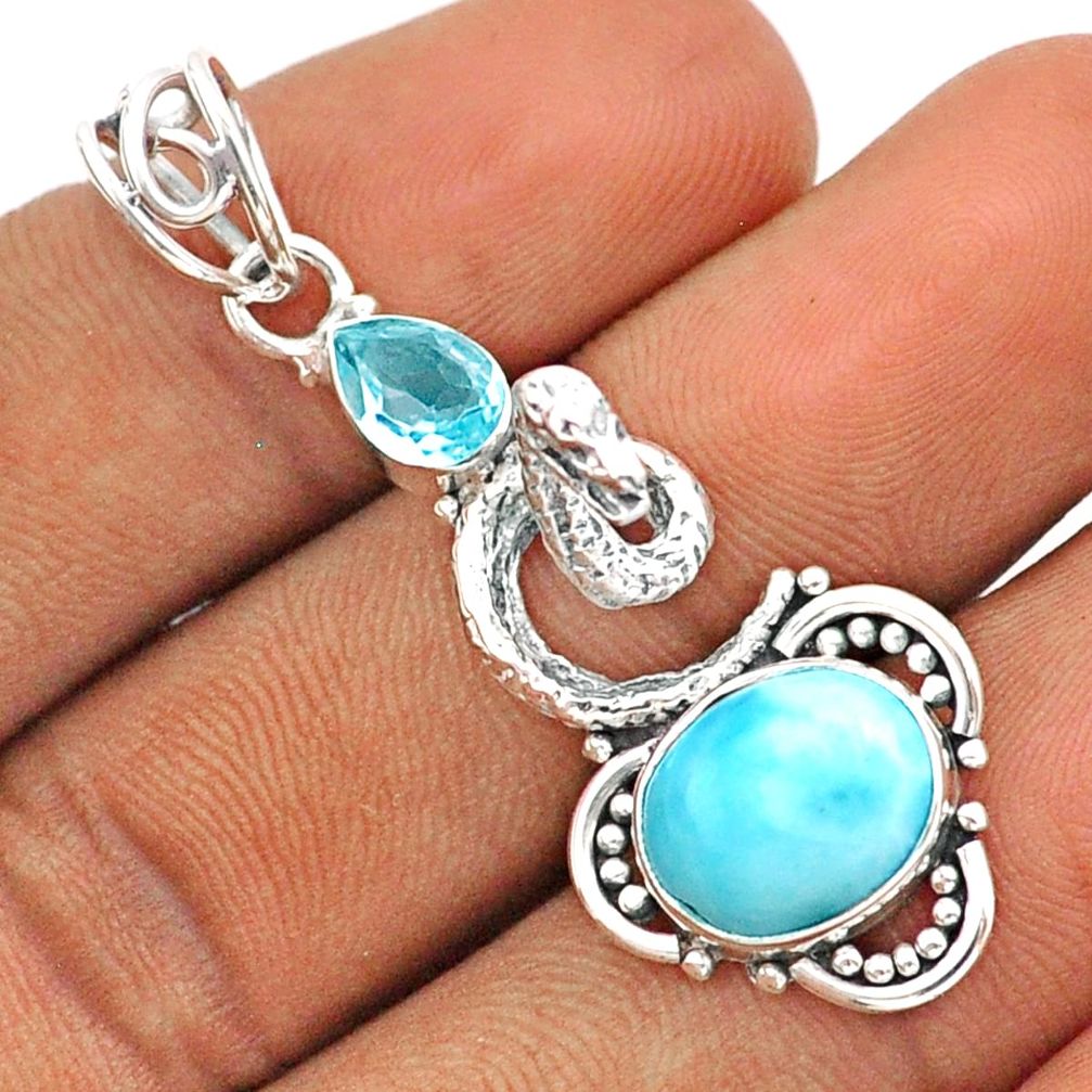 925 sterling silver 6.58cts natural blue larimar topaz snake pendant u7171