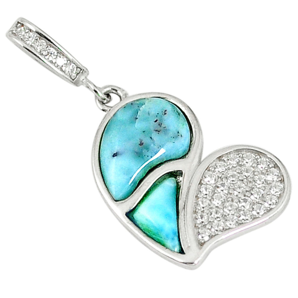 LAB 925 sterling silver natural blue larimar white topaz heart pendant a60644 c15353