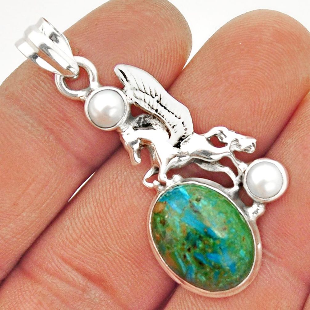 925 sterling silver 10.32cts natural blue opaline pearl unicorn pendant y2740