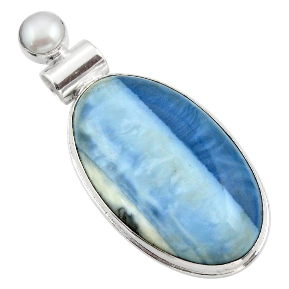 925 sterling silver 26.65cts natural blue owyhee opal white pearl pendant r32152