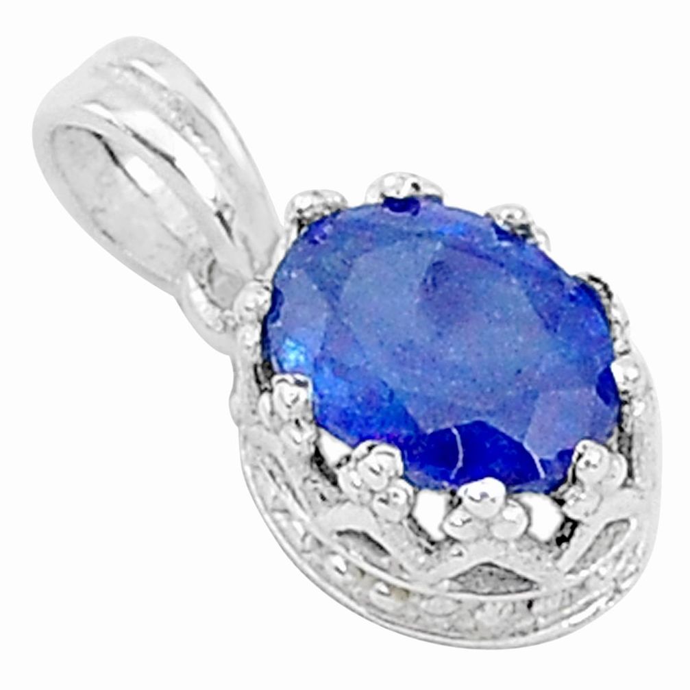 925 sterling silver 2.94cts natural blue sapphire crown pendant jewelry t5131