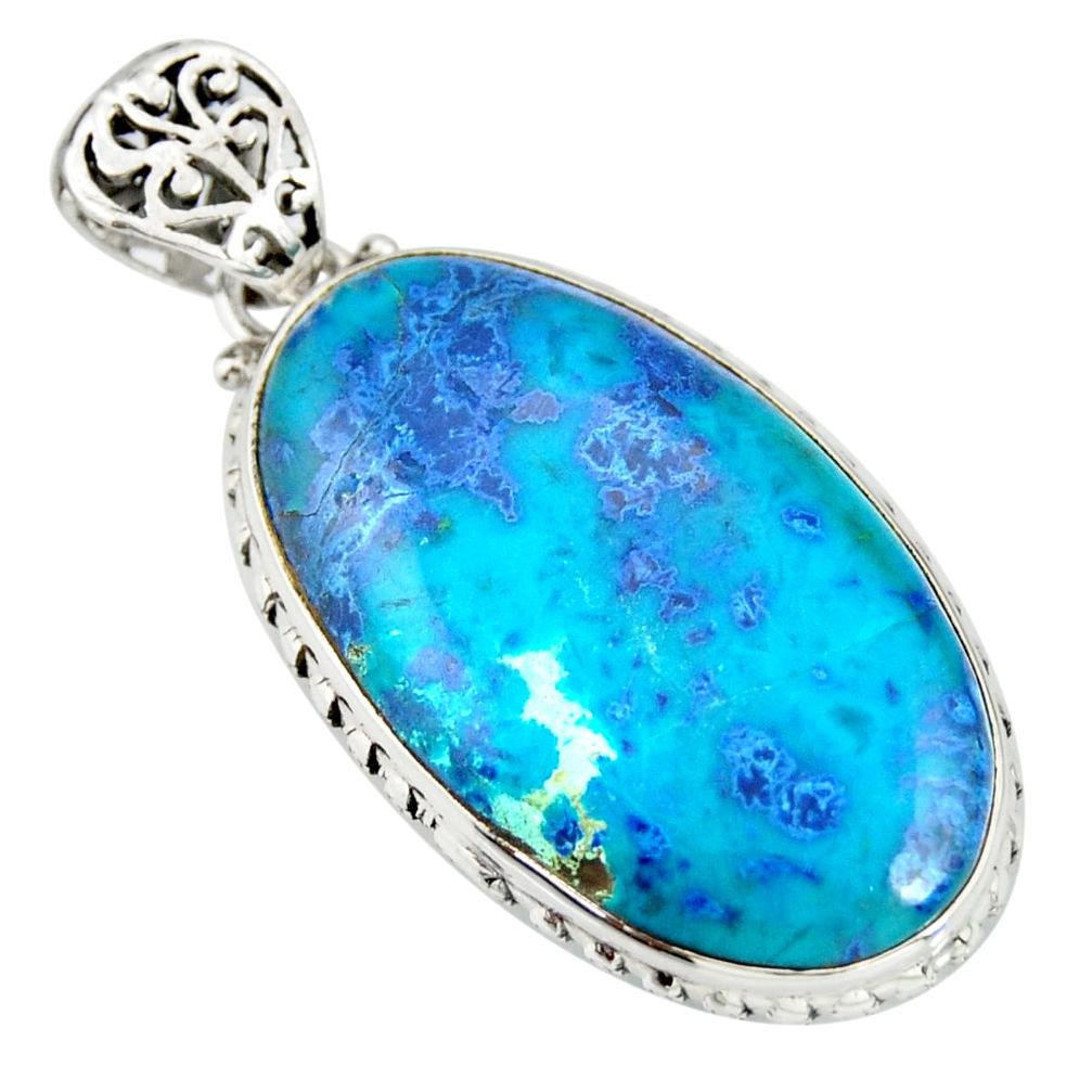 925 sterling silver 28.30cts natural blue shattuckite oval pendant r20844