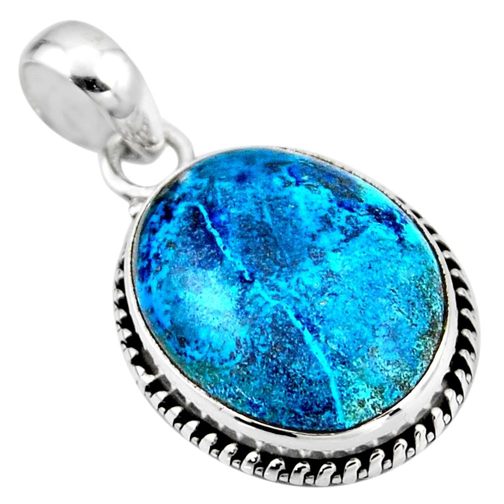 925 sterling silver 14.23cts natural blue shattuckite oval pendant r53849