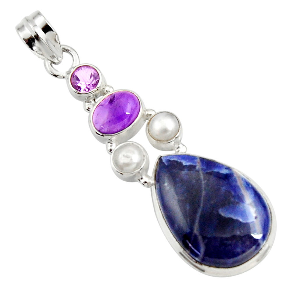 ver 18.15cts natural blue sodalite amethyst pearl pendant d44692