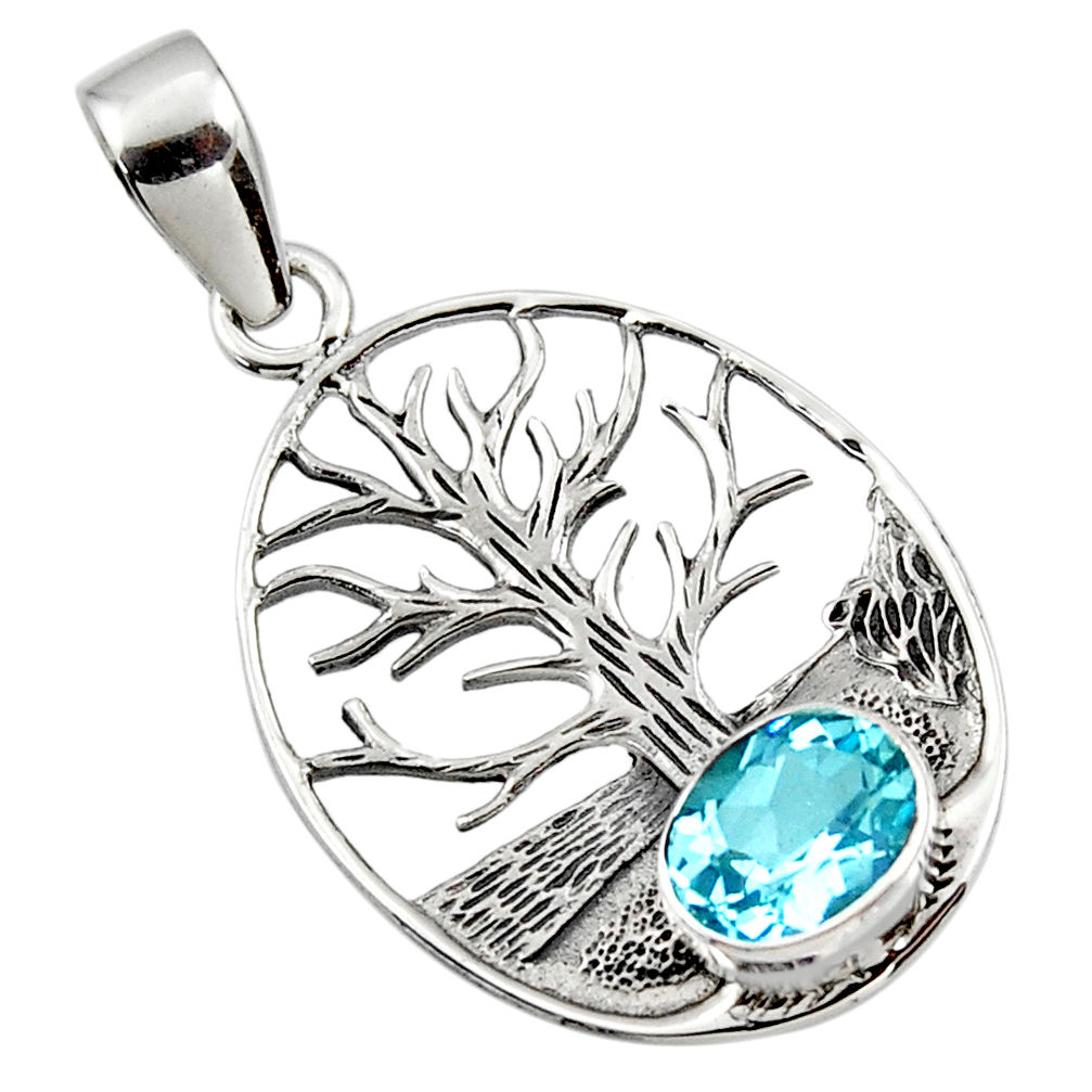 925 sterling silver 3.42cts natural blue topaz oval tree of life pendant r48294