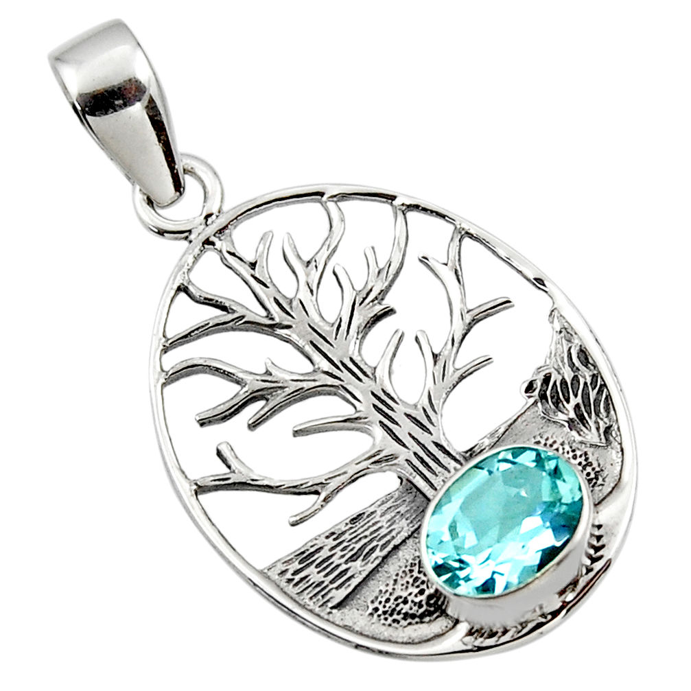 925 sterling silver 3.37cts natural blue topaz oval tree of life pendant r48298
