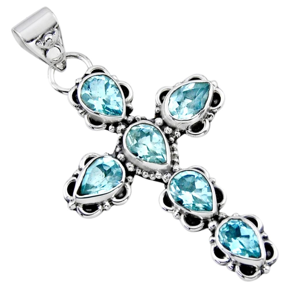 925 sterling silver 10.32cts natural blue topaz pear holy cross pendant r55804