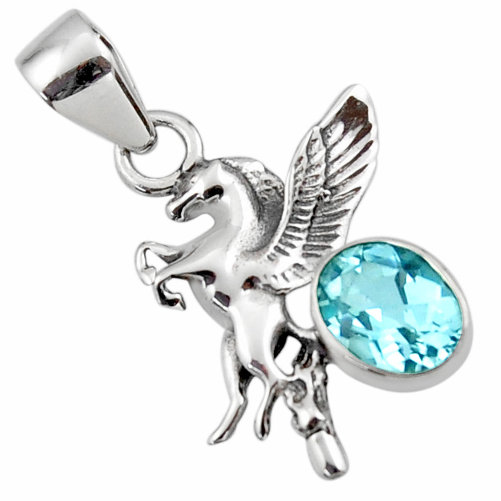 925 sterling silver 3.29cts natural blue topaz unicorn pendant jewelry r48320