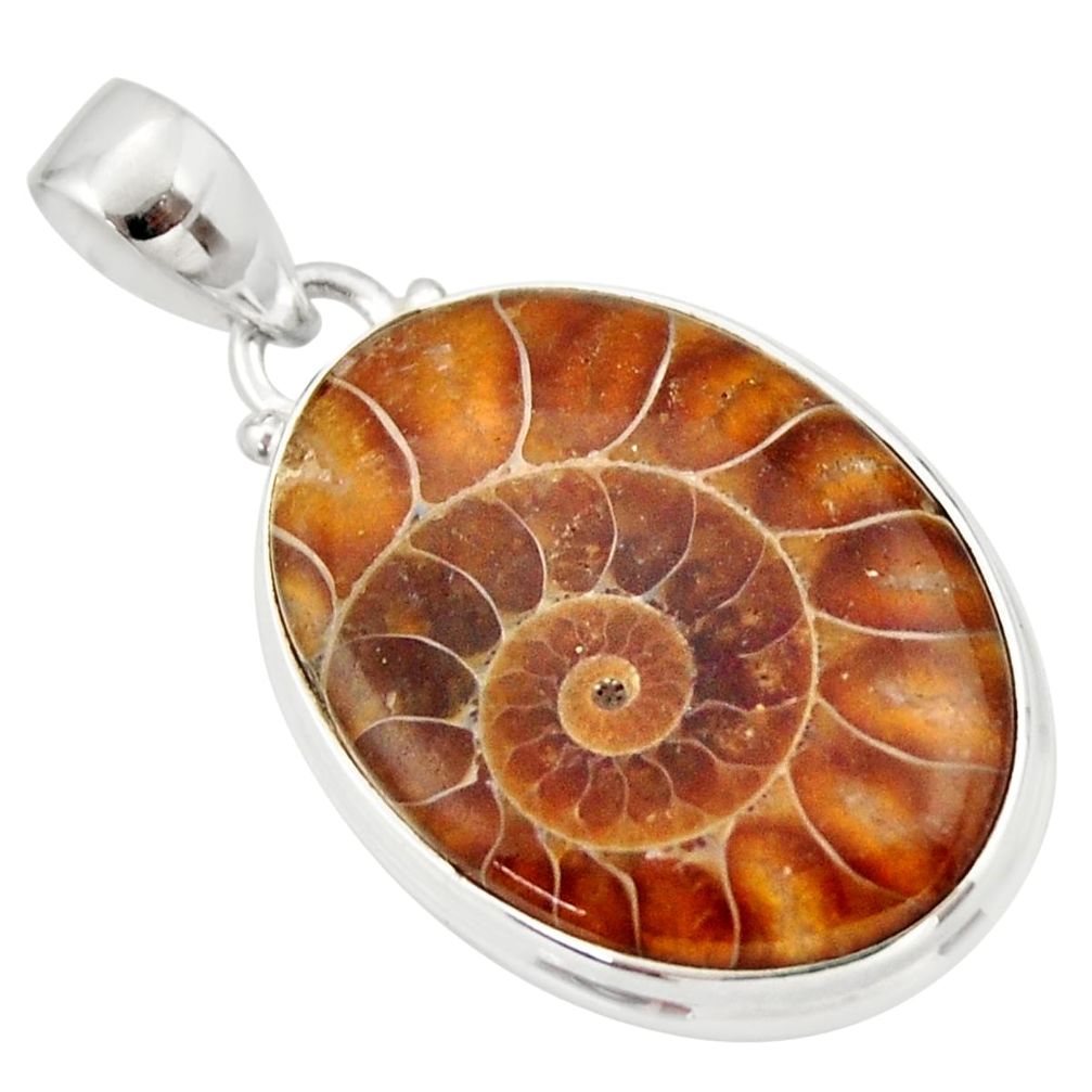 925 sterling silver 18.15cts natural brown ammonite fossil oval pendant r33719